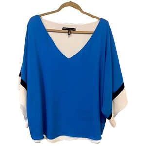 White House Black Market Women’s Size XL Blue Blouse V-Neck Shirt Kimono Top